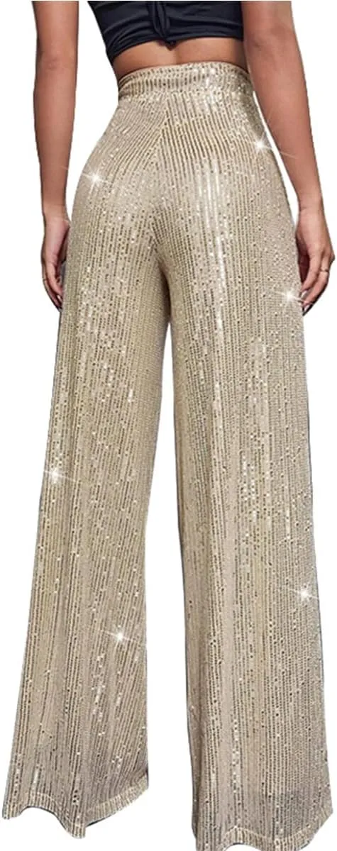 Aelidiya Women's Glitter Sequin Long Loose Pants Bling Party Clubwear Elastic Casual Pants