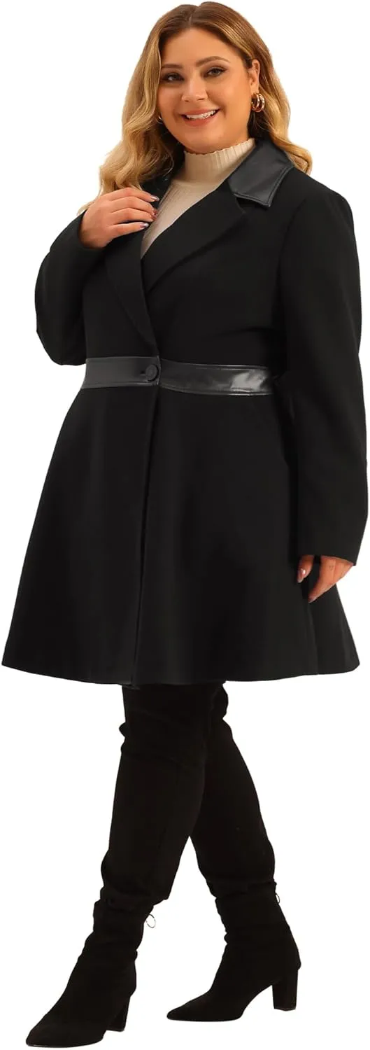 Agnes Orinda Plus Size Overcoat for Women Leather Notched Lapel Single Breasted Long Trench Jacket Coats