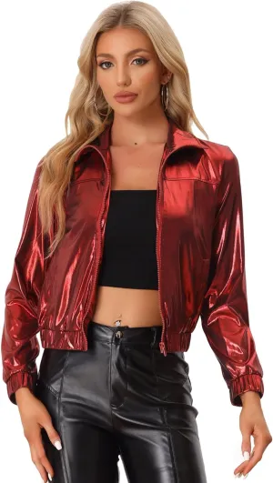 Allegra K Women's Holographic Shiny Party Christmas Long Sleeve Lightweight Zipper Metallic Jacket