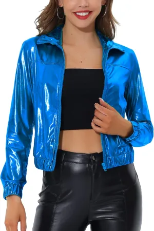 Allegra K Women's Holographic Shiny Party Christmas Long Sleeve Lightweight Zipper Metallic Jacket