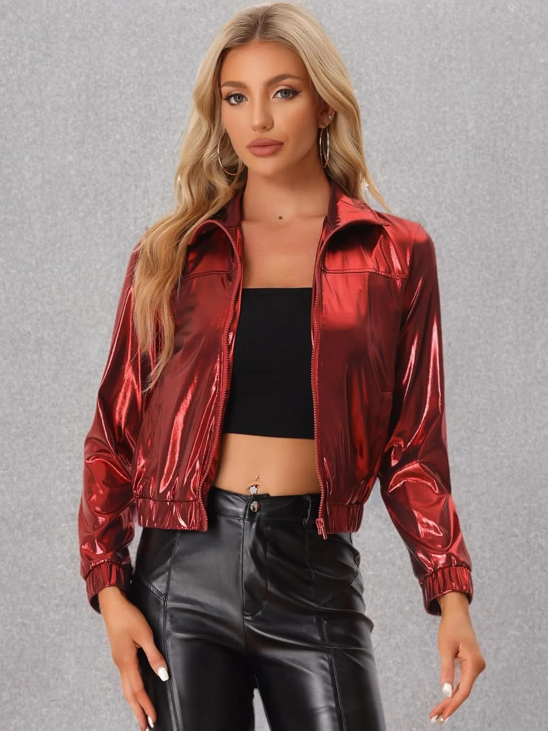 Allegra K Women's Holographic Shiny Party Christmas Long Sleeve Lightweight Zipper Metallic Jacket