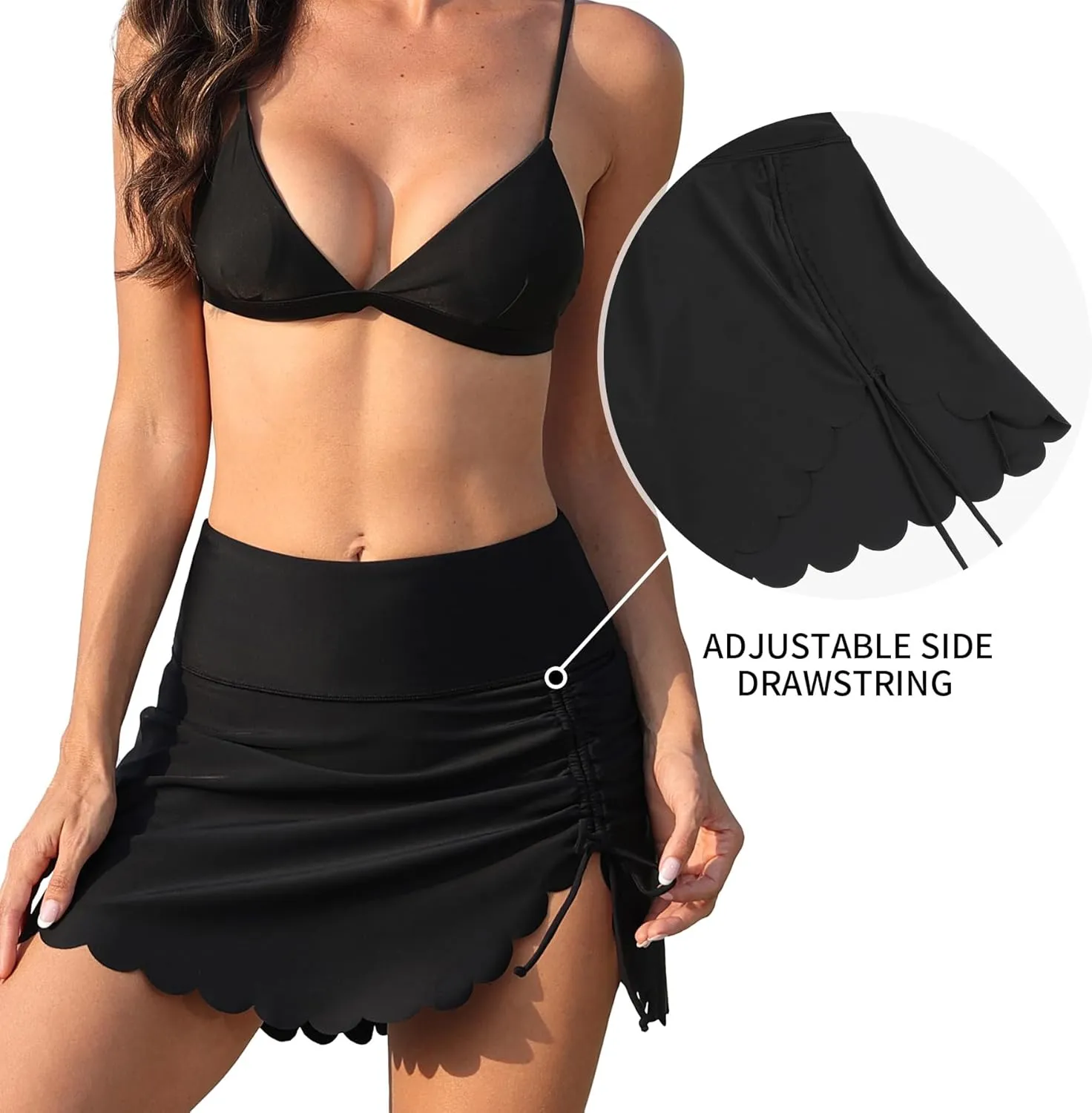 ALove Womens High Waisted Split Swim Skirt Sporty Drawstring Skirted Swim Bottom with Built-in Panty