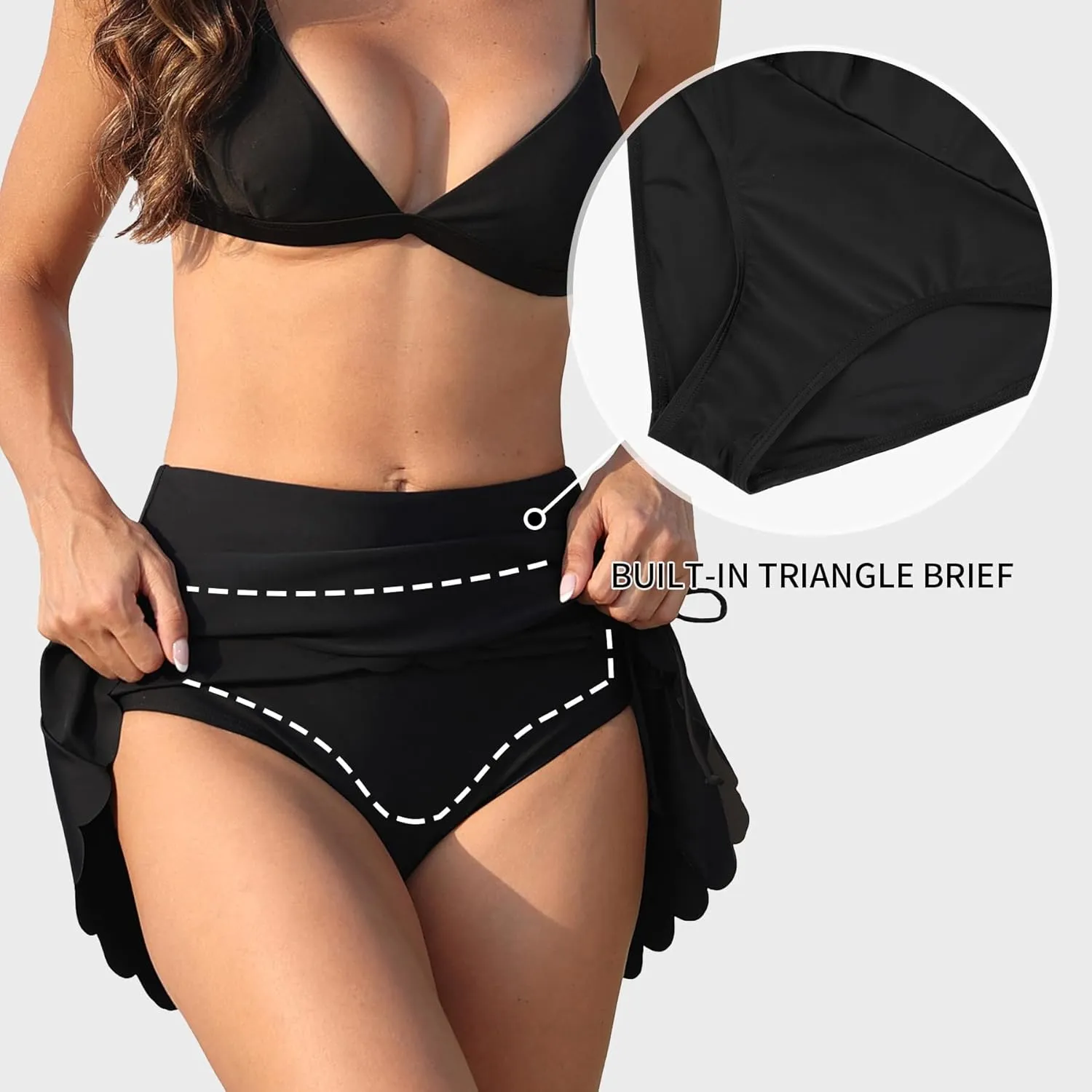 ALove Womens High Waisted Split Swim Skirt Sporty Drawstring Skirted Swim Bottom with Built-in Panty