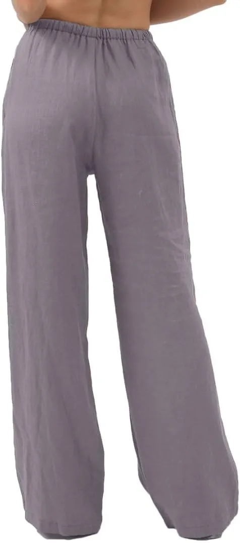 Amazhiyu Womens Pure Linen Summer Drawstring Flowy Wide Leg Pants with Pockets