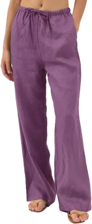 Amazhiyu Womens Pure Linen Summer Drawstring Flowy Wide Leg Pants with Pockets