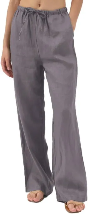 Amazhiyu Womens Pure Linen Summer Drawstring Flowy Wide Leg Pants with Pockets