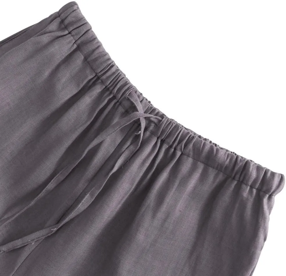 Amazhiyu Womens Pure Linen Summer Drawstring Flowy Wide Leg Pants with Pockets