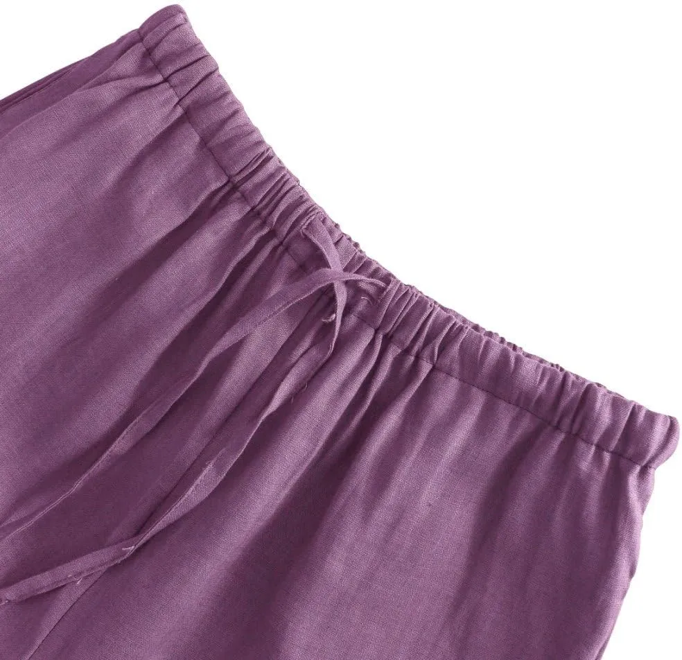 Amazhiyu Womens Pure Linen Summer Drawstring Flowy Wide Leg Pants with Pockets