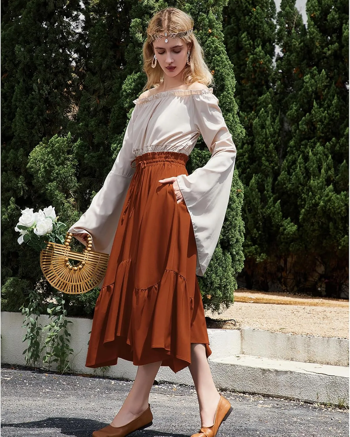American Trends Maxi Skirts for Women Renaissance Skirt Medieval Womens Long Skirts Flowy Bohemian Pirate Skirts with Pockets