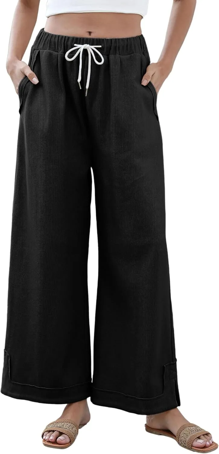 Athlisan Womens Baggy Wide Leg Palazzo Pants Casual Loose Drawstring Elastic Waisted Lounge Trousers with Pockets