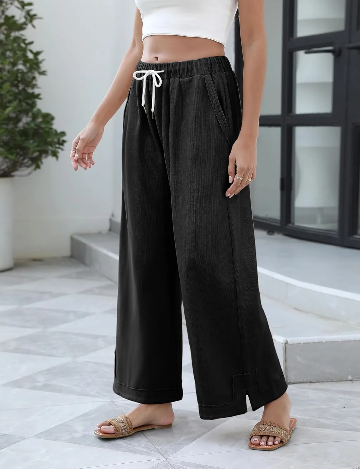 Athlisan Womens Baggy Wide Leg Palazzo Pants Casual Loose Drawstring Elastic Waisted Lounge Trousers with Pockets