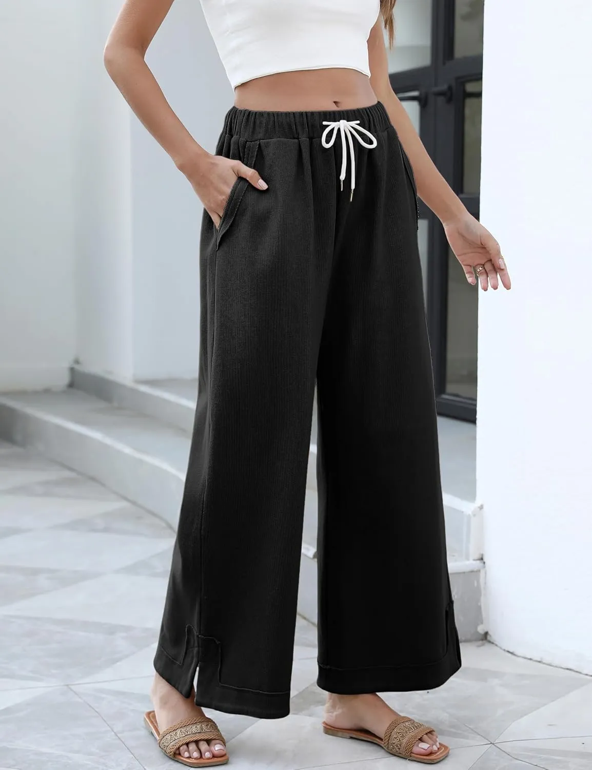 Athlisan Womens Baggy Wide Leg Palazzo Pants Casual Loose Drawstring Elastic Waisted Lounge Trousers with Pockets