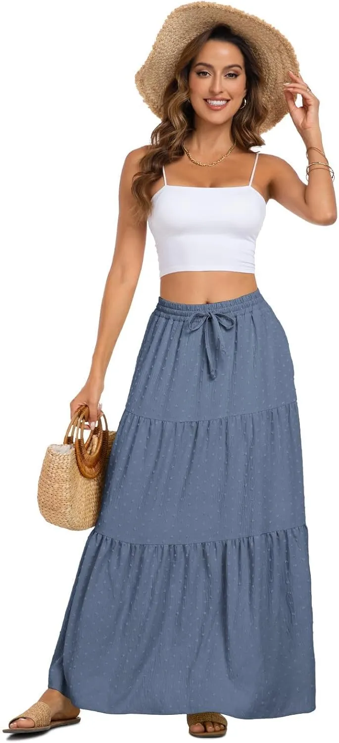 BLEVONH Women's Fall Boho High Waist Flowy Maxi Skirt Ruffle Tiered Swiss Dot Casual Long Skirts and Pockets