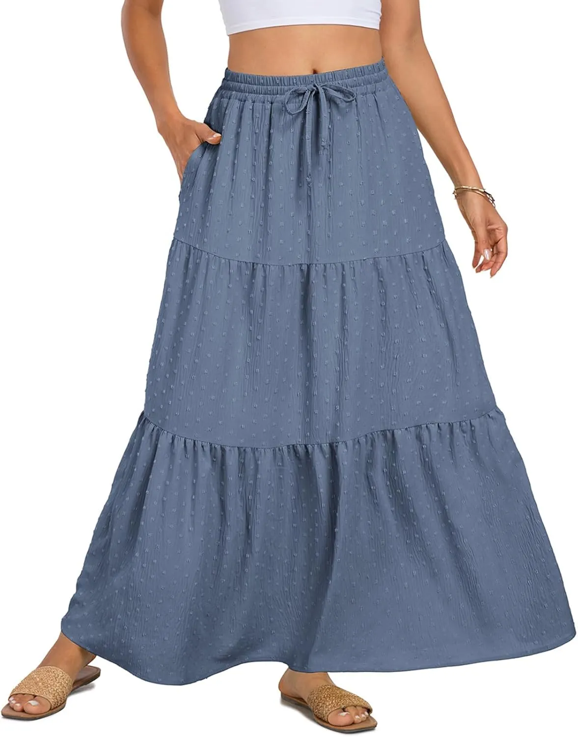 BLEVONH Women's Fall Boho High Waist Flowy Maxi Skirt Ruffle Tiered Swiss Dot Casual Long Skirts and Pockets