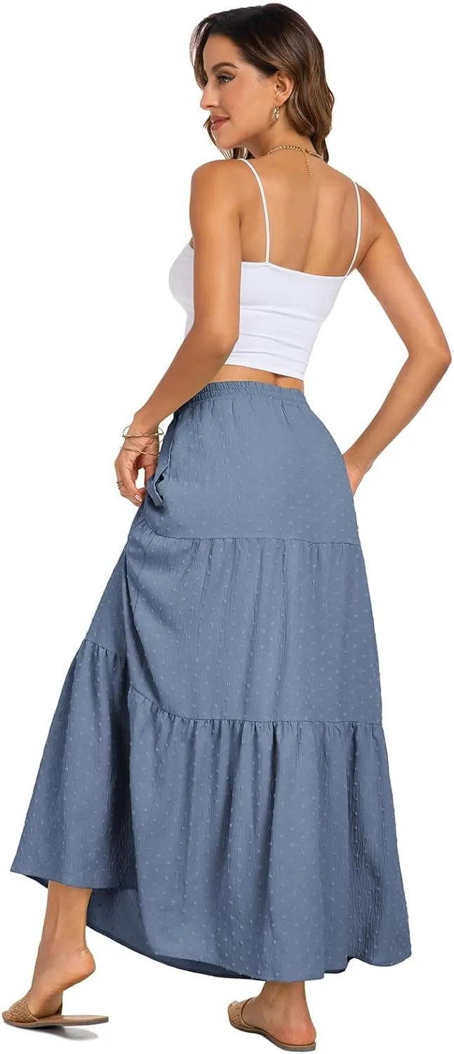 BLEVONH Women's Fall Boho High Waist Flowy Maxi Skirt Ruffle Tiered Swiss Dot Casual Long Skirts and Pockets
