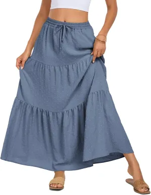 BLEVONH Women's Fall Boho High Waist Flowy Maxi Skirt Ruffle Tiered Swiss Dot Casual Long Skirts and Pockets