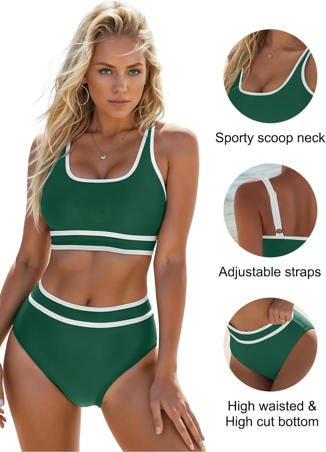 Blooming Jelly Womens High Waist Bikini Sets Sporty Color Block Two Piece Swimsuits Scoop Neck Cheeky Bathing Suits