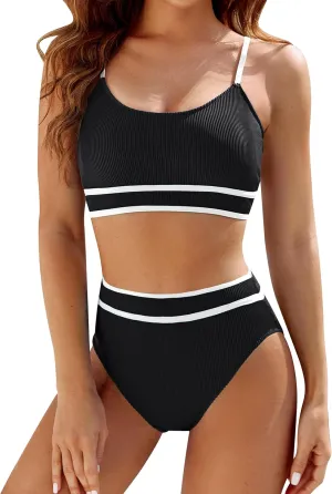 BMJL Womens High Waisted Bikini Sets Tummy Control Swimsuits Two Piece Sporty Color Block Bathing Suit Beach Wear