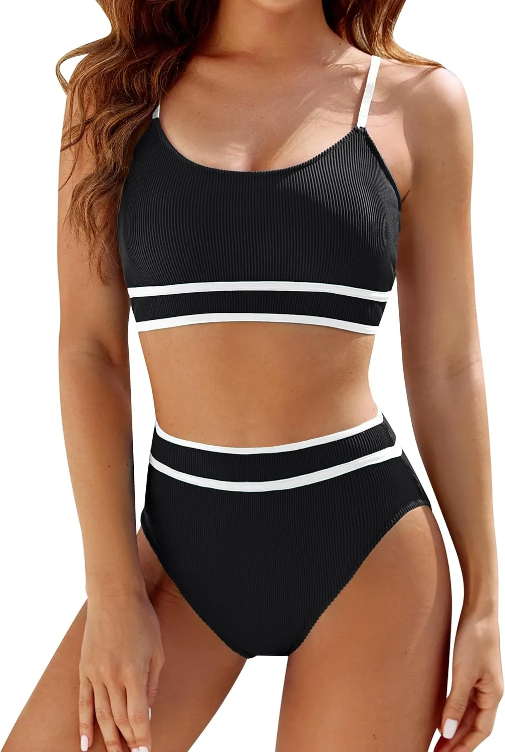 BMJL Womens High Waisted Bikini Sets Tummy Control Swimsuits Two Piece Sporty Color Block Bathing Suit Beach Wear