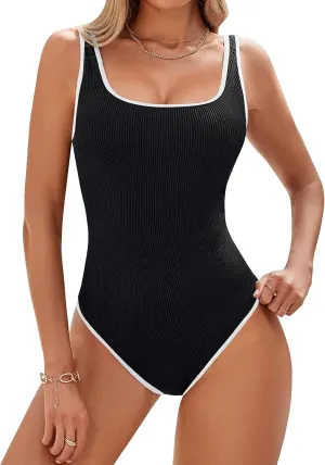 BMJL Womens One Piece Swimsuit Sporty Slimming Modest Bathing Suits Cute Color Block Ribbed High Cut Swim Suits
