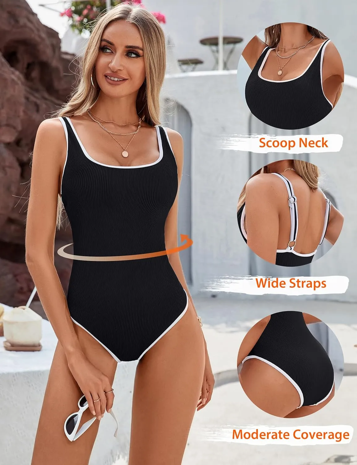 BMJL Womens One Piece Swimsuit Sporty Slimming Modest Bathing Suits Cute Color Block Ribbed High Cut Swim Suits