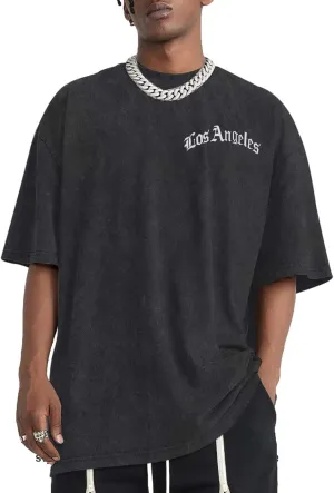 Bobeutou Oversized Vintage Graphic Tees for Men Los Angeles Shirt Acid Wash Tshirt Letter T-Shirt Grunge Crew Neck Tops