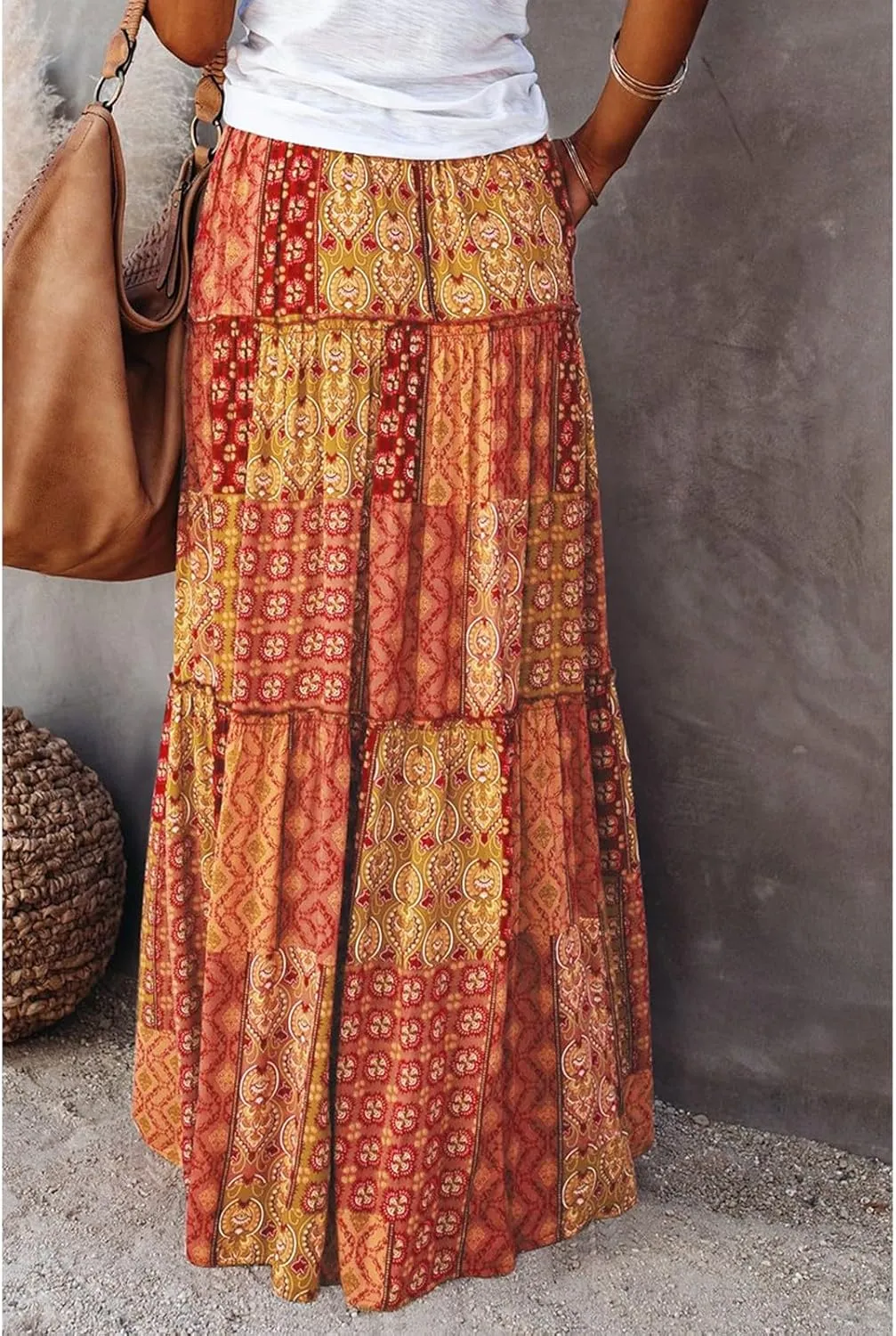 Boho Long Skirts for Women Summer Drawstring High Waisted Tiered Flowy Maxi Skirt Casual Beach Bohemian A-Line Skirt