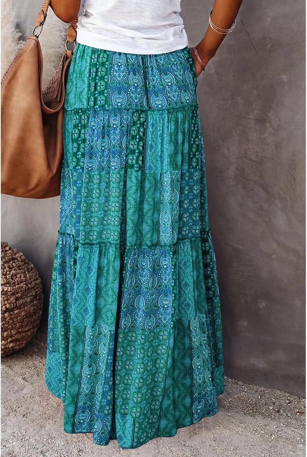 Boho Long Skirts for Women Summer Drawstring High Waisted Tiered Flowy Maxi Skirt Casual Beach Bohemian A-Line Skirt