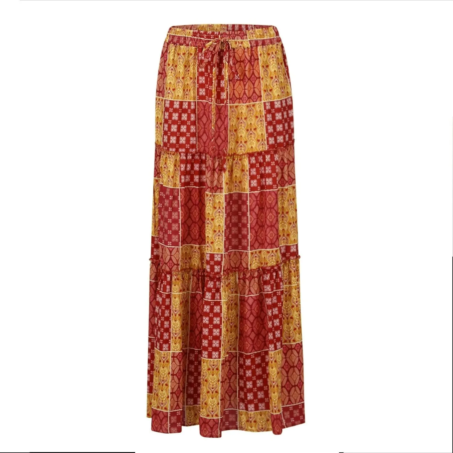 Boho Long Skirts for Women Summer Drawstring High Waisted Tiered Flowy Maxi Skirt Casual Beach Bohemian A-Line Skirt