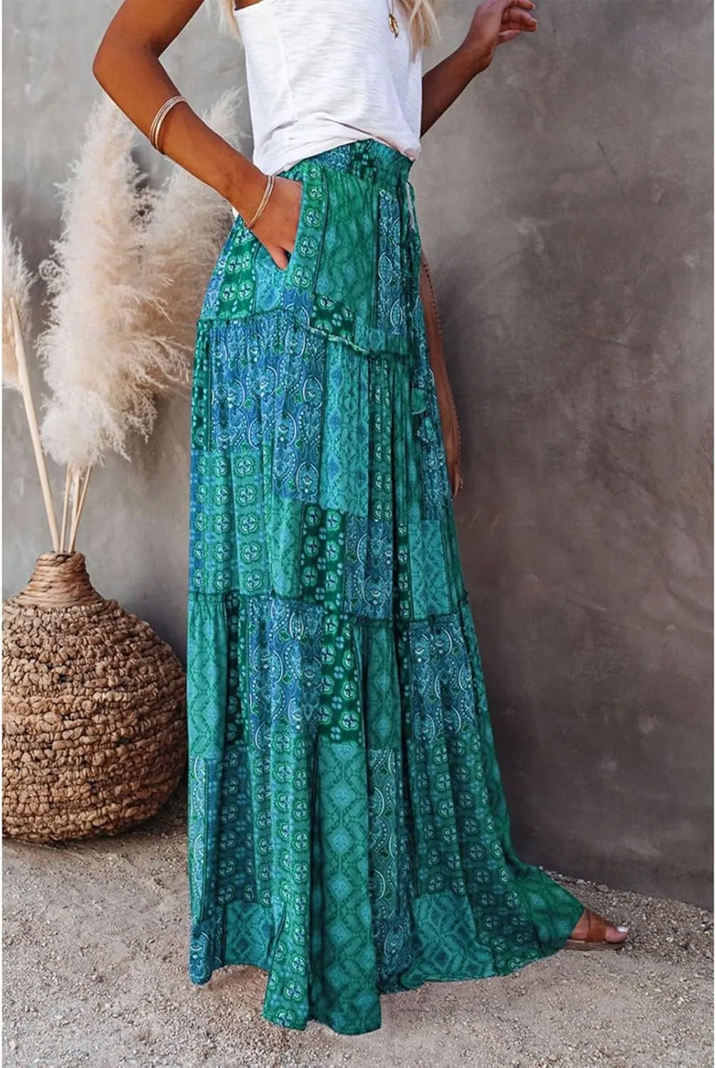 Boho Long Skirts for Women Summer Drawstring High Waisted Tiered Flowy Maxi Skirt Casual Beach Bohemian A-Line Skirt