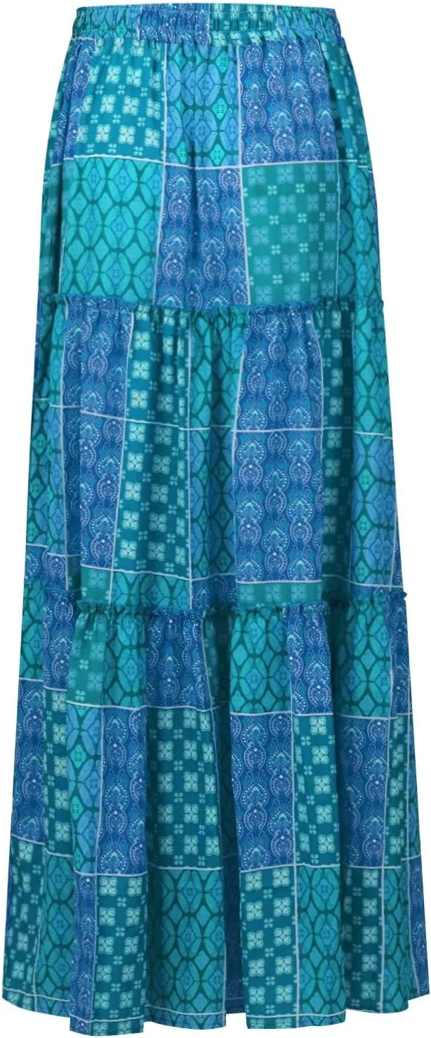 Boho Long Skirts for Women Summer Drawstring High Waisted Tiered Flowy Maxi Skirt Casual Beach Bohemian A-Line Skirt