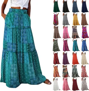 Boho Long Skirts for Women Summer Drawstring High Waisted Tiered Flowy Maxi Skirt Casual Beach Bohemian A-Line Skirt