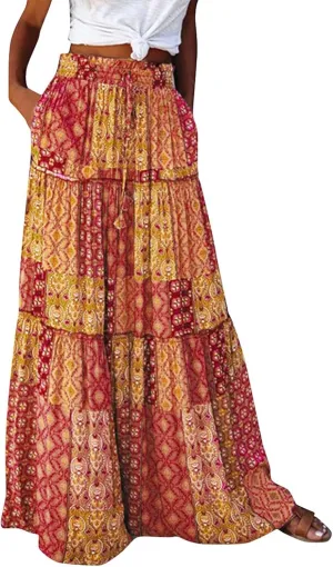 Boho Long Skirts for Women Summer Drawstring High Waisted Tiered Flowy Maxi Skirt Casual Beach Bohemian A-Line Skirt