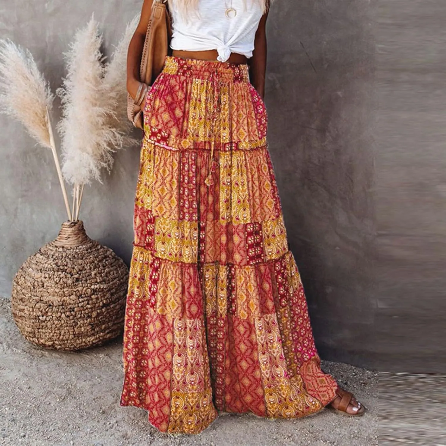 Boho Long Skirts for Women Summer Drawstring High Waisted Tiered Flowy Maxi Skirt Casual Beach Bohemian A-Line Skirt
