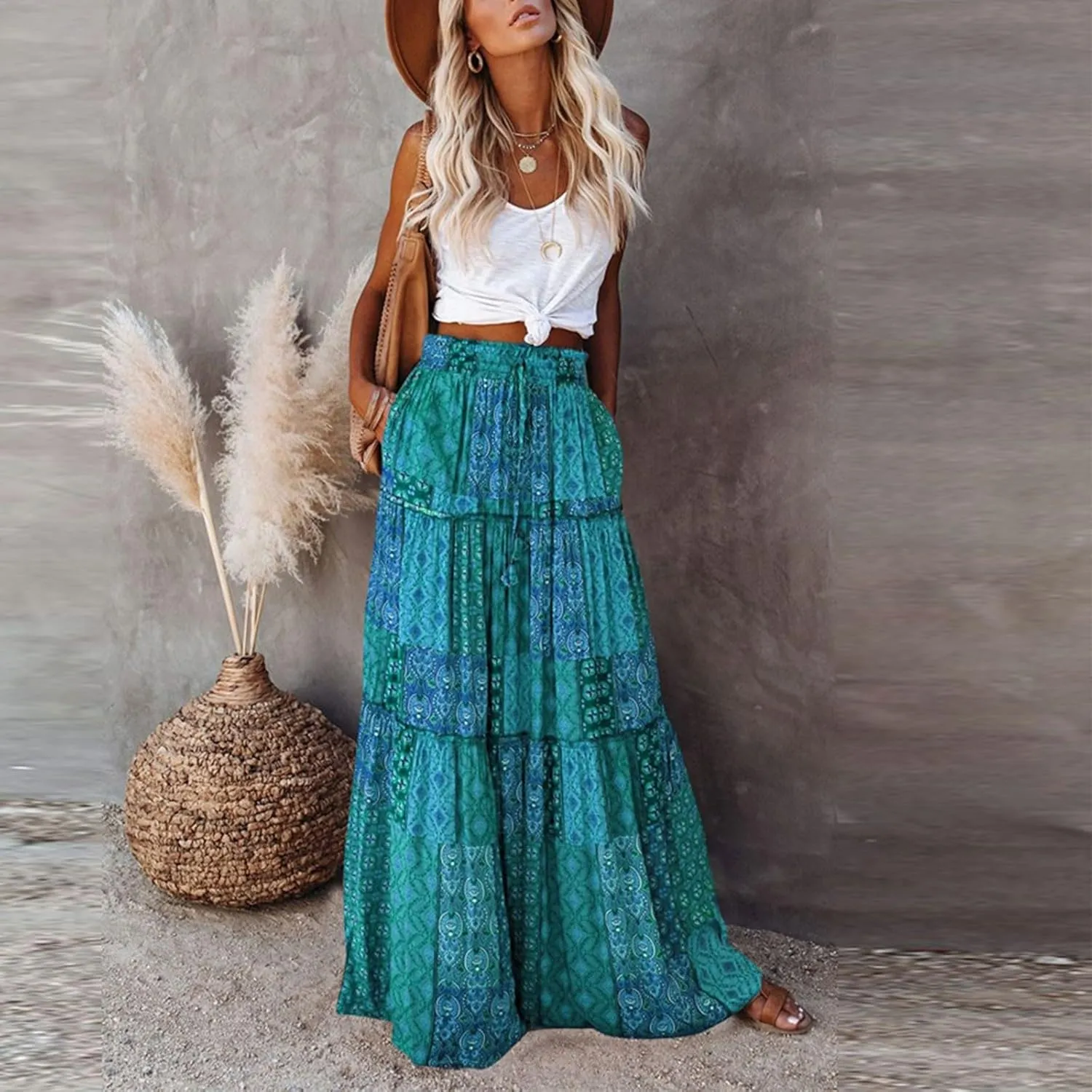 Boho Long Skirts for Women Summer Drawstring High Waisted Tiered Flowy Maxi Skirt Casual Beach Bohemian A-Line Skirt
