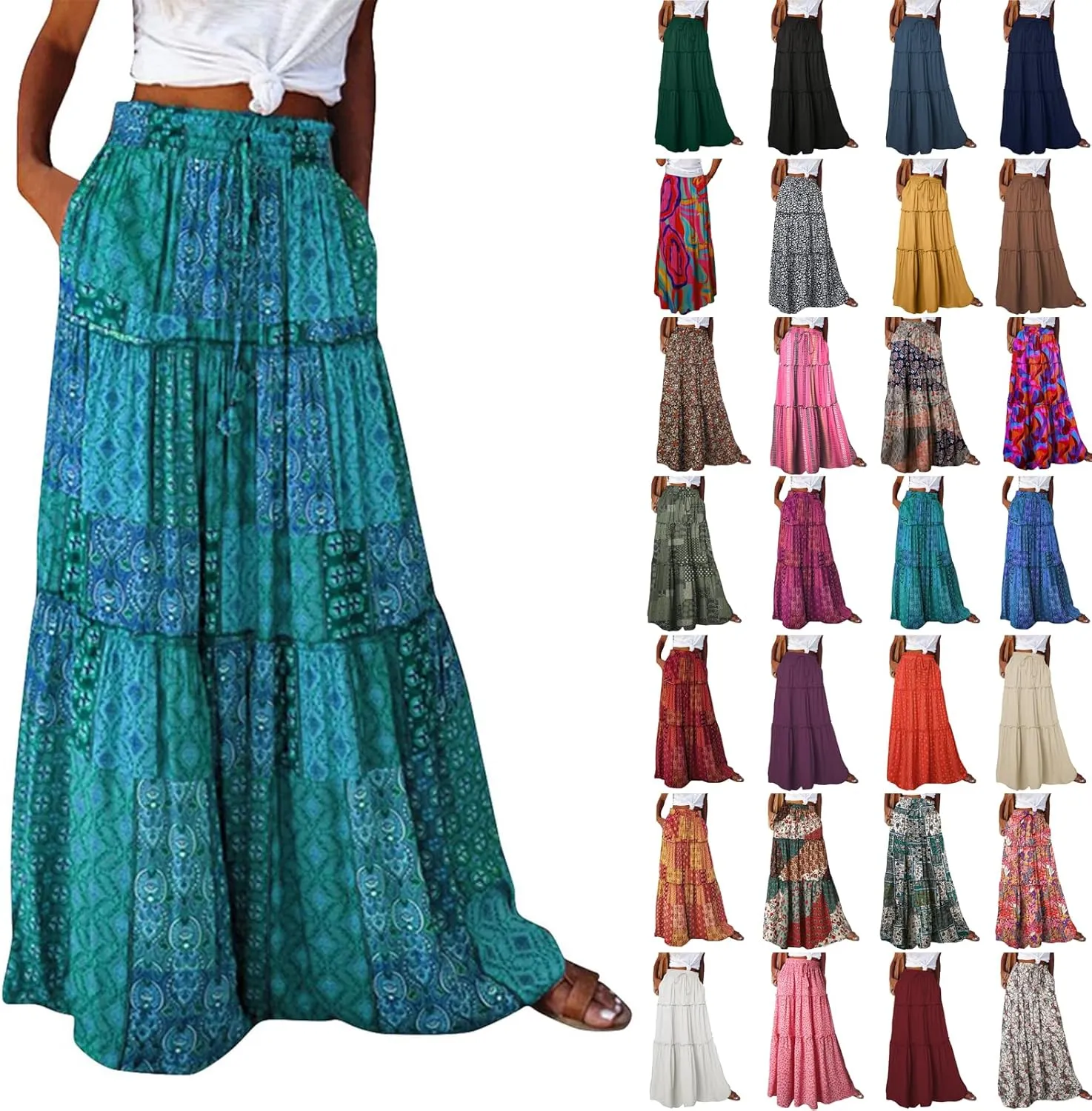 Boho Long Skirts for Women Summer Drawstring High Waisted Tiered Flowy Maxi Skirt Casual Beach Bohemian A-Line Skirt