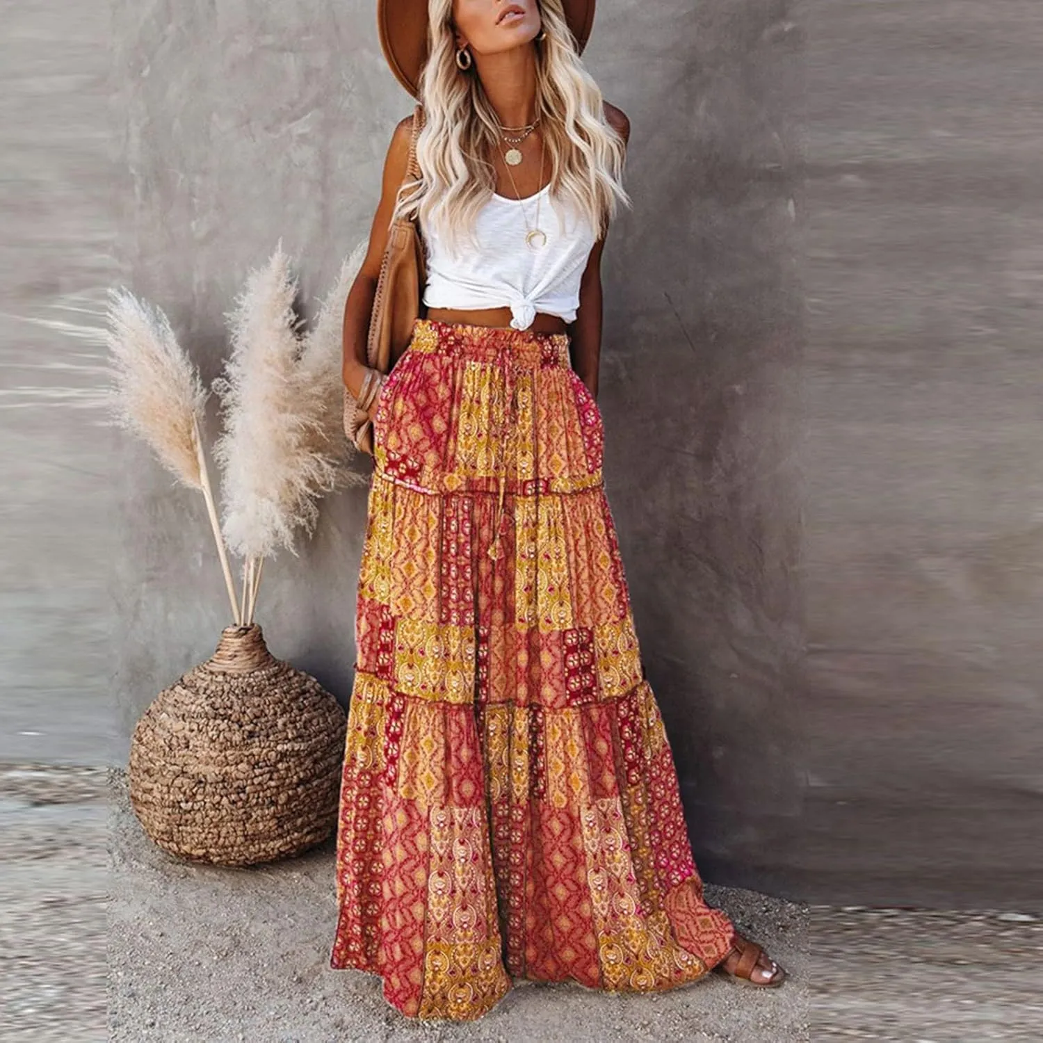 Boho Maxi Skirts for Women 2025 Drawstring High Waisted Tiered Long Flowy Skirt Casual Beach Bohemian A-Line Skirt