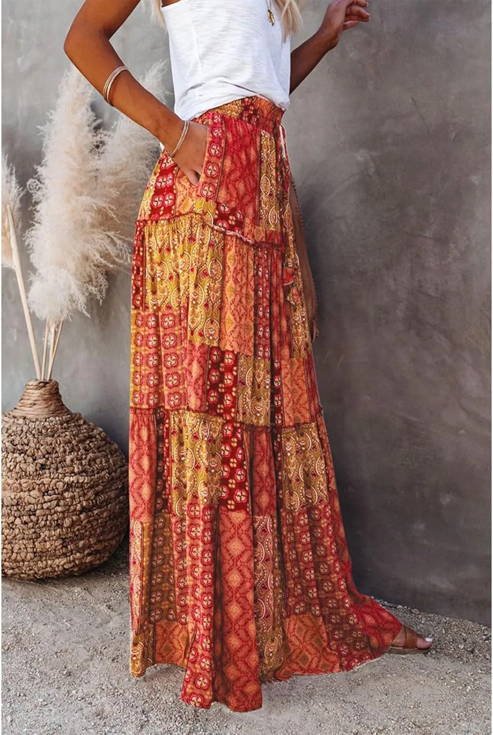 Boho Maxi Skirts for Women 2025 Drawstring High Waisted Tiered Long Flowy Skirt Casual Beach Bohemian A-Line Skirt
