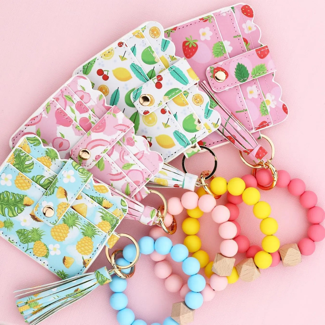 Boho Wristlet Wallet, Women's Boho Style Beaded Wristlet Wallets, Tassel Charms Keychain with Flower Pattern Wallet (1PCS/E)