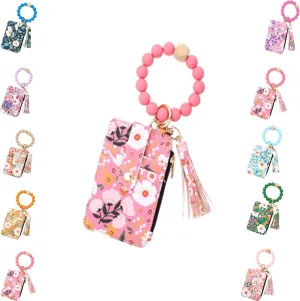 Boho Wristlet Wallet, Women's Boho Style Beaded Wristlet Wallets, Tassel Charms Keychain with Flower Pattern Wallet (1PCS/E)