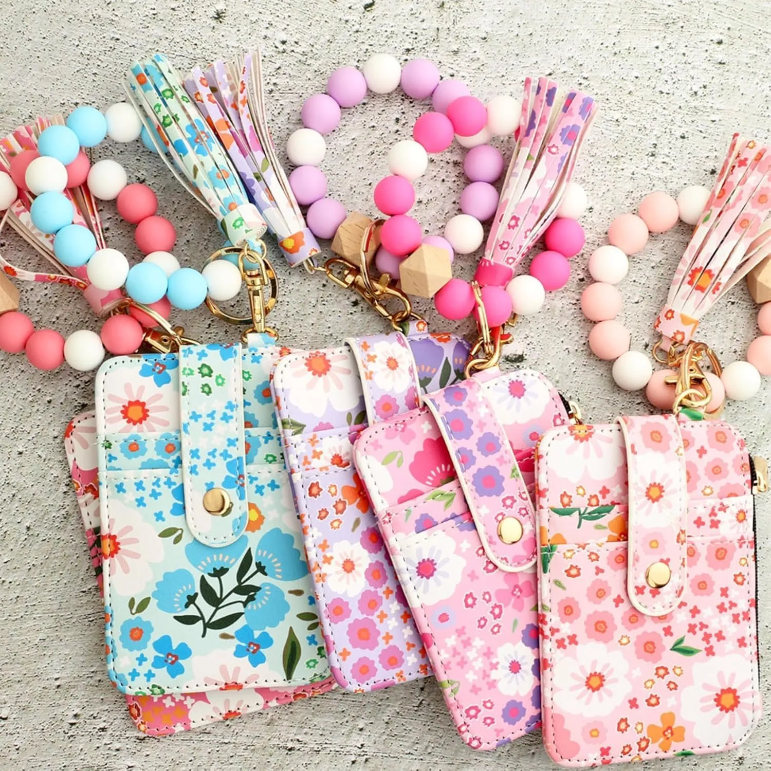 Boho Wristlet Wallet, Women's Boho Style Beaded Wristlet Wallets, Tassel Charms Keychain with Flower Pattern Wallet (1PCS/E)
