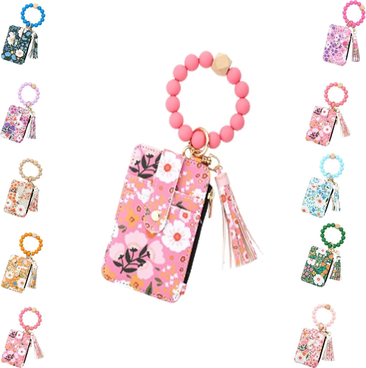 Boho Wristlet Wallet, Women's Boho Style Beaded Wristlet Wallets, Tassel Charms Keychain with Flower Pattern Wallet (1PCS/E)
