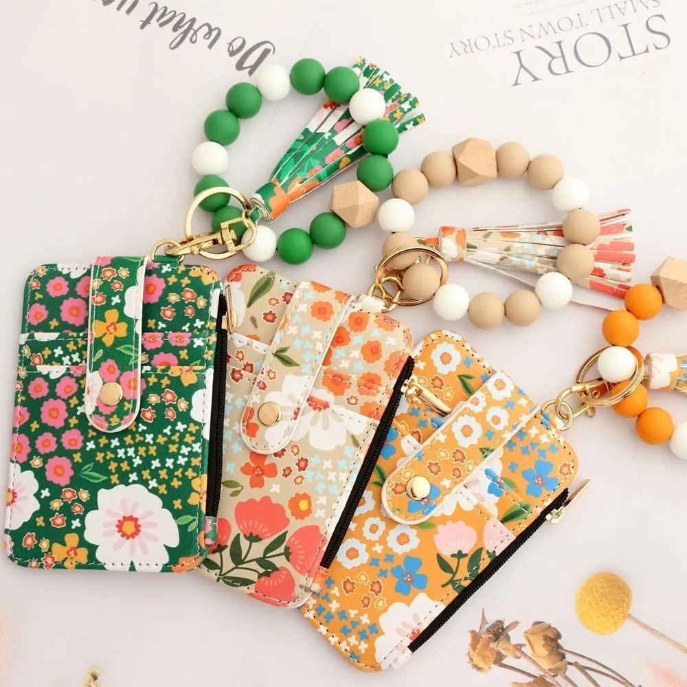 Boho Wristlet Wallet, Women's Boho Style Beaded Wristlet Wallets, Tassel Charms Keychain with Flower Pattern Wallet (1PCS/E)