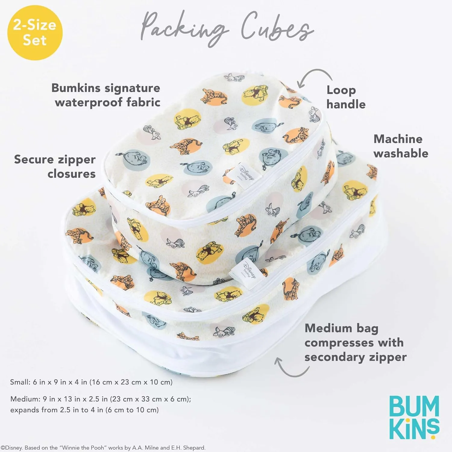 Bumkins Disney Packing Cubes for Travel Bag, Organize Luggage with Compression Bags, Essential Traveling Accessories, Pack Carry On Suitcase for Clothes or Toiletries, Set of 2 Sizes, Winnie the Pooh