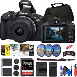 Canon EOS R50 Mirrorless Camera with 18-45mm Lens (Black) (5811C012)   64GB Card   Filter Kit   Corel Photo Software   Bag   Charger   LPE17 Battery   Card Reader   Flexible Tripod   More (Renewed)