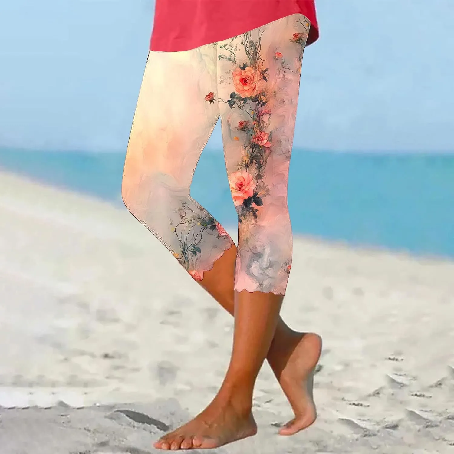 Capri Leggings for Women Floral Print High Waist Tummy Control Capris Comfy Stretch Cropped Yoga Pants Summer Outfits