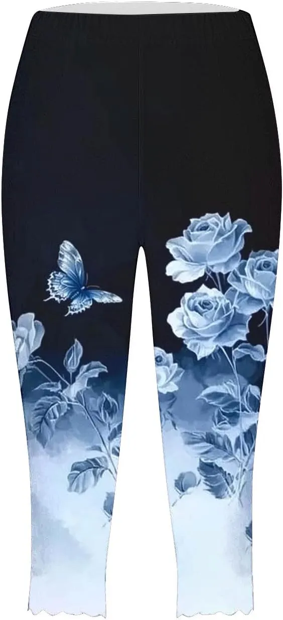 Capri Leggings for Women Floral Print High Waist Tummy Control Capris Comfy Stretch Cropped Yoga Pants Summer Outfits