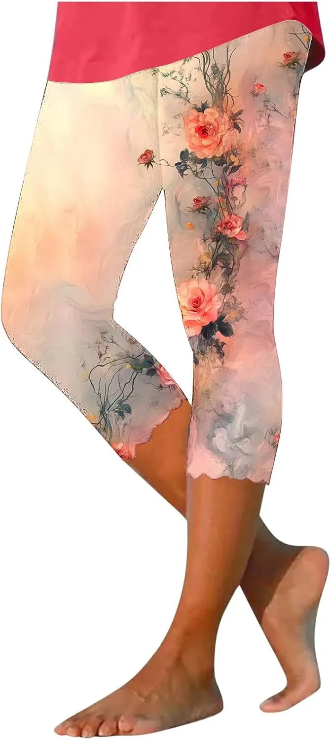 Capri Leggings for Women Floral Print High Waist Tummy Control Capris Comfy Stretch Cropped Yoga Pants Summer Outfits