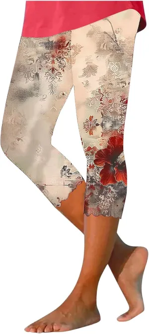 Capri Leggings for Women Floral Print High Waist Tummy Control Capris Comfy Stretch Cropped Yoga Pants Summer Outfits