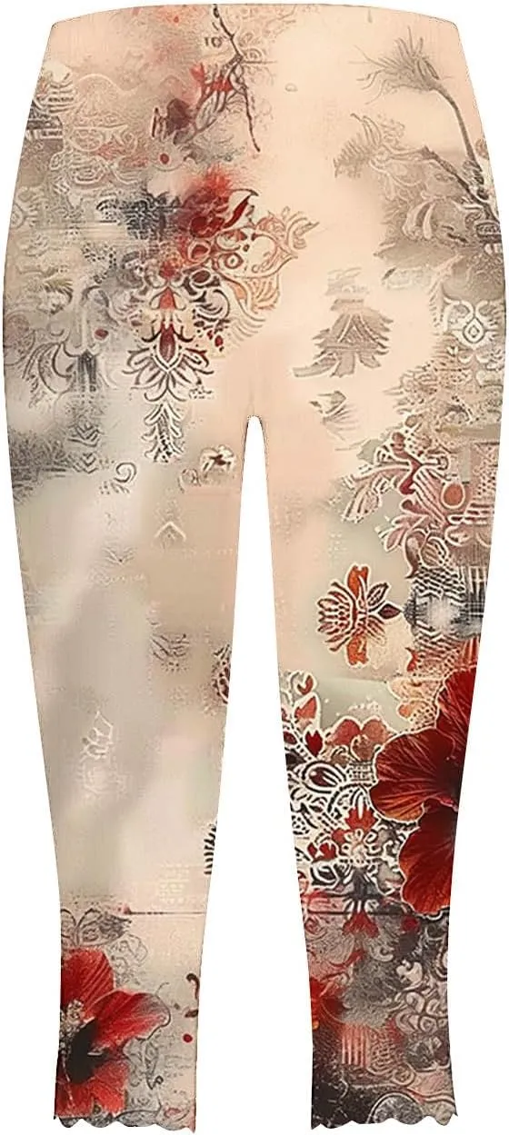 Capri Leggings for Women Floral Print High Waist Tummy Control Capris Comfy Stretch Cropped Yoga Pants Summer Outfits